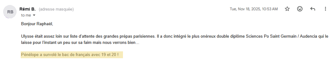 Capture du courriel reçu de Rémi B. le 18 novembre 2025, nom et adresse réduits.